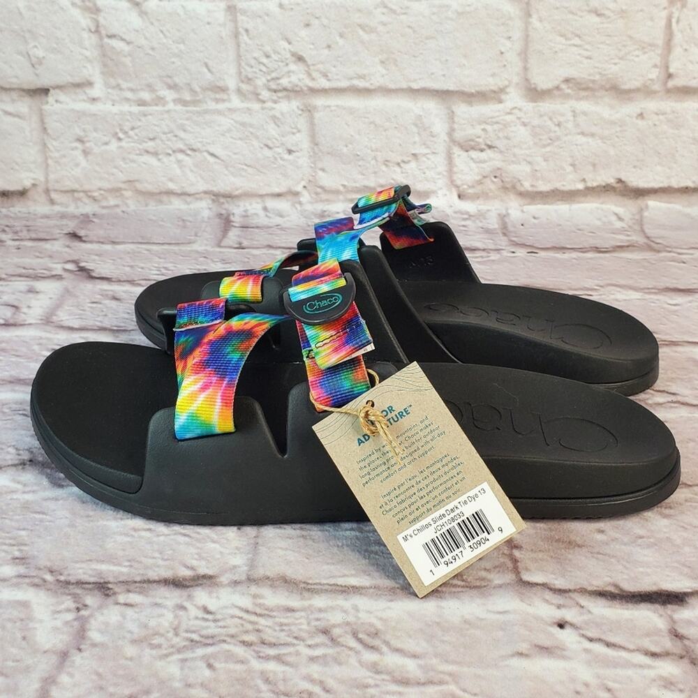 Chaco chillos slide sandals black dark tie dye new with box men's
